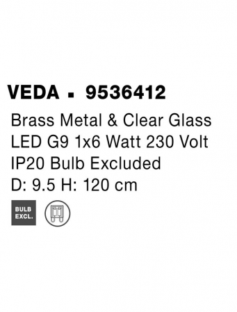9536412 Pendul Nova Luce VEDA G9 1x6W   Metal & Clear Glass Brass   IP20 [9]