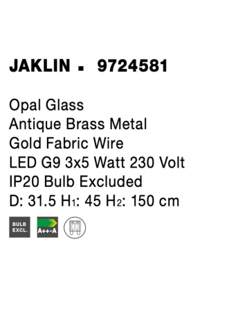 9724581 Suspensie Nova Luce JAKLIN G9 3x5W IP20 Glass/Metal Opal Antique Brush Gold Fabric Wire [7]