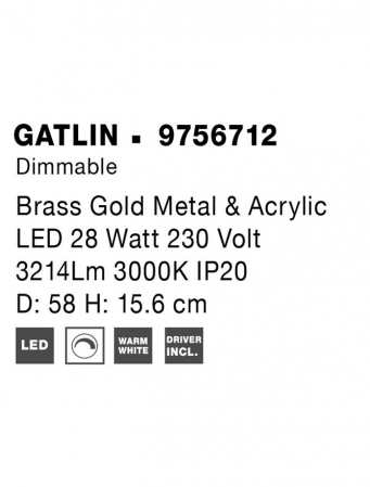 9756712 Lustra Nova Luce GATLIN LED 27W 1306lm 3000K Metal & Acrylic  Brass Gold Dimabil Triac IP20 [6]