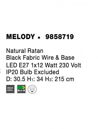 Pendul Nova Luce MELODY E27 1x12W   Natural Rattan Black Fabric Wire & Base  IP20 [6]
