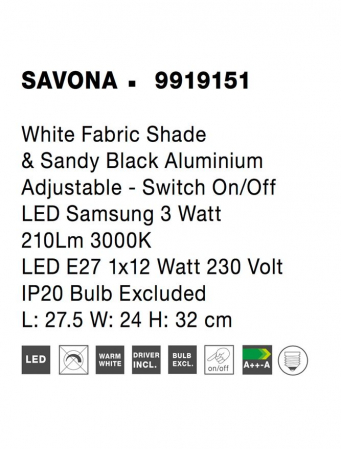 9919151 Aplica Nova Luce SAVONA LED 3W 210lm 3000K Aluminium & Fabric Shade Sandy Black Nedimabil IP20 [8]