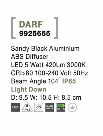 9925665 Aplica Nova Luce DARF LED 5W 420lm 3000K IP65 Aluminium ABS Diffuser Sandy Black CRI>80 Beam Angle 104° Light Down [5]