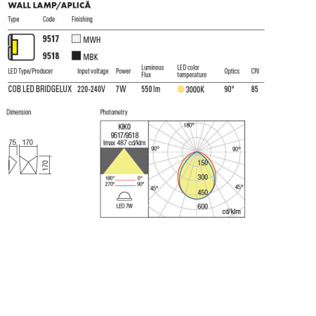 Aplica exterior Kiko 9518 Gri Inchis 7W 550lm 3000K IP54 [2]
