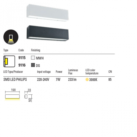 Aplica exterior Tratto 9116 Gri Inchis 7W 233lm 3000K IP65 [1]