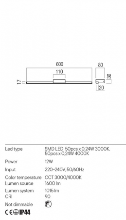 Aplica REDO ASTON 01-3270 LED 12W 3000K/4000K 1015lm Nedimabil Aluminiu/Metal Negru Mat IP44 [1]