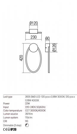 Aplica Redo Leo 01-3291 Metal/Aluminiu Alb mat LED 22W 3000K, 4000K 1156 lm 3 Step Dimming IP20 [1]