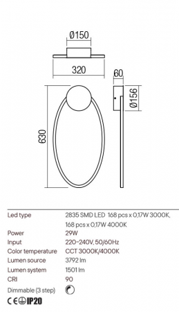 Aplica Redo Leo 01-3295 Metal/Aluminiu Negru mat LED 29W 3000K, 4000K 1501 lm 3 Step Dimming IP20 [1]