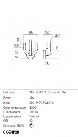 Aplica Redo Luxor 01-3347 LED 12W 1063 lm 3000K Metal&Aluminiu Negru Dimabil Triac IP20 [1]