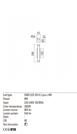 Aplica REDO Madison 01-2030 LED 8W h290 Ø34 544lm 3000K IP20 Nedimabil Auriu Mat [1]