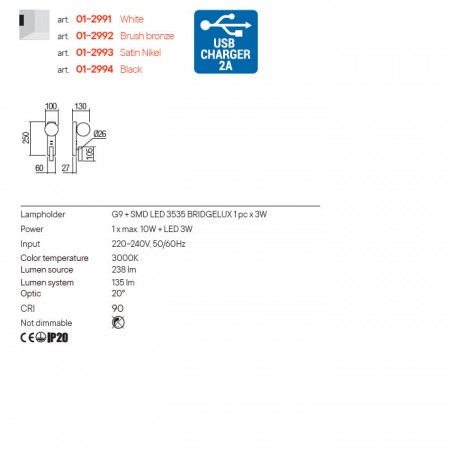 Aplica Redo Oasis, alb mat, sticla, USB, 1XG9+LED 3W, 01-2991 [1]