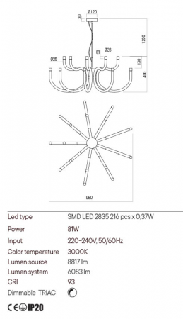 Candelabru Redo Luxor 01-3233 LED 81W 6083 lm 3000K Metal&Aluminiu Rosu Dimabil Triac IP20 [1]