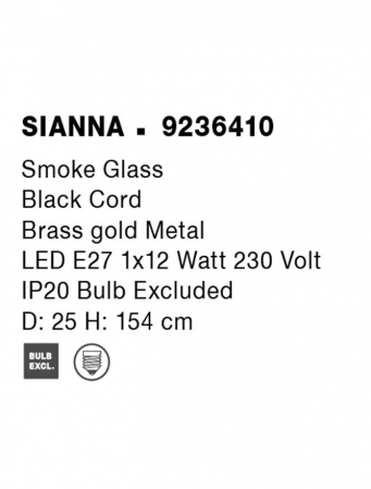 Lampadar Nova Luce SIANNA E27 1x12W   Smoke Glass & Black Cord & Brass gold Metal IP20 [7]
