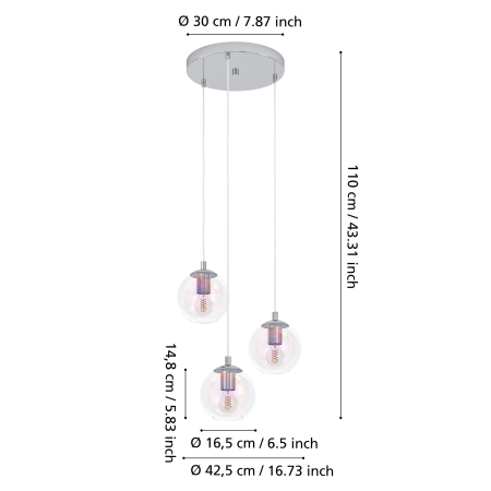Lustra EGLO Ariscani 2 901921 E27 3X60W 220-240V,50/60Hz H 1100mm x Ø425mm otel crom sticla iridescent IP20 [4]