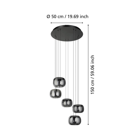 Lustra EGLO Hortunas 390434 LED 5X5,8W 3000K lm 220-240V,50/60Hz H 1500mm x Ø500mm otel negru sticla vaporizata negru transparent IP20 [2]