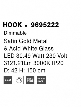 Lustra Nova Luce HOOK LED 30,50W 3121lm 3000K Satin Gold Metal & Acid White Glass IP20 [9]