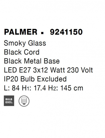Lustra Nova Luce PALMER E27 3x12W   Smoky Glass & Black Cord & Black Metal Base IP20 [6]