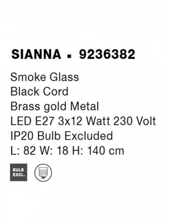 Lustra Nova Luce SIANNA E27 3x12W   Smoke Glass & Black Cord & Brass gold Metal IP20 [6]