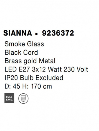 Lustra Nova Luce SIANNA E27 3x12W   Smoke Glass & Black Cord & Brass gold Metal IP20 [7]