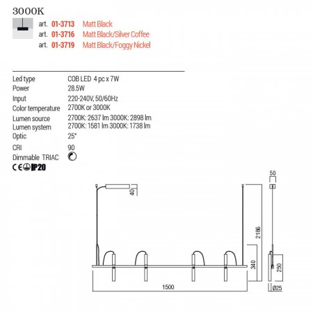 Lustra Redo Praxi, negru/foggy nickel, LED, 28W, 1738 lumeni, alb cald 3000K, L.150 cm, 01-3719 [1]