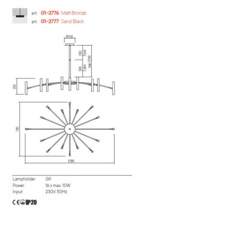 Suspensie REDO RAYEN 01-2776 G9 MATT BRONZE 16 x max.10W   IP20 [1]