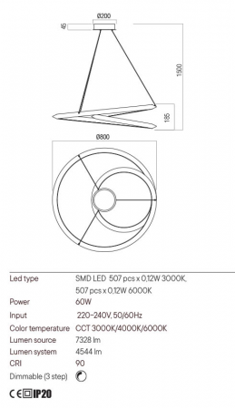 Lustra Redo Storm 01-3378 Metal/Aluminiu Negru mat LED 60W 3000K, 4000K, 6000K 4544 lm 3 Step Dimming IP20 [1]