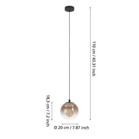 Pendul EGLO Ariscani 1 901923 E27 1X60W 220-240V,50/60Hz H 1100mm x Ø200mm otel negru sticla vaporizata alama IP20 [4]