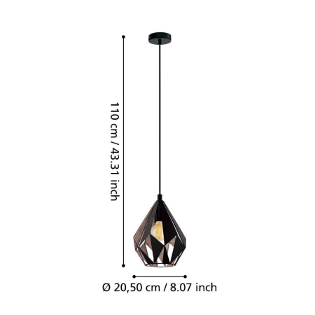 Pendul EGLO Carlton 1 49997 E27 1X60W 220-240V,50/60Hz H 1100mm x Ø205mm otel negru/cupru  IP20 [2]