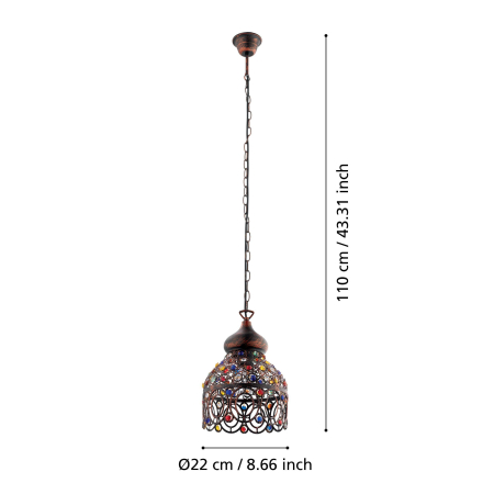 Pendul EGLO Jadida 49765 E27 1X60W 220-240V,50/60Hz H 1100mm x Ø220mm otel cupru antichizat sticla colorata IP20 [4]