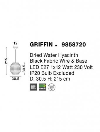 Pendul Nova Luce GRIFFIN E27 1x12W   Dried Water Hyacinth Black Fabric Wire & Base IP20 [6]