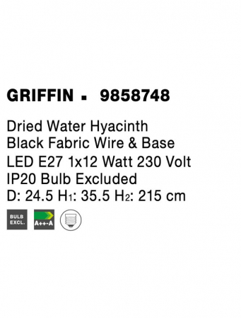 Pendul Nova Luce GRIFFIN E27 1x12W   Dried Water Hyacinth Black Fabric Wire & Base IP20 [7]
