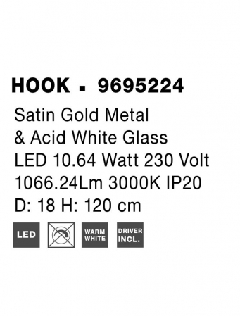Pendul Nova Luce HOOK LED 10,64W 1066lm 3000K Satin Gold Metal & Acid White Glass IP20 [9]