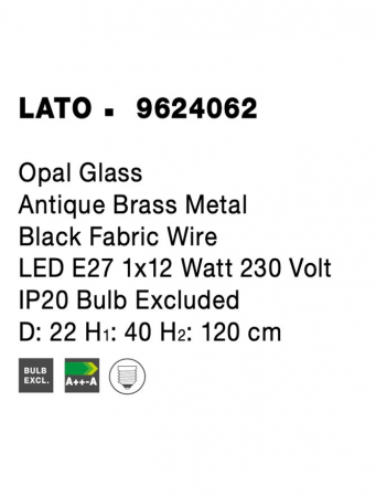 Pendul Nova Luce LATO E27 1x12W   Opal Glass Antique Brass Metal Black Fabric Wire IP20 [6]