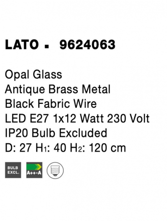Pendul Nova Luce LATO E27 1x12W   Opal Glass Antique Brass Metal Black Fabric Wire IP20 [7]