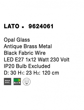 Pendul Nova Luce LATO E27 1x12W   Opal Glass Antique Brass Metal Black Fabric Wire IP20 [8]