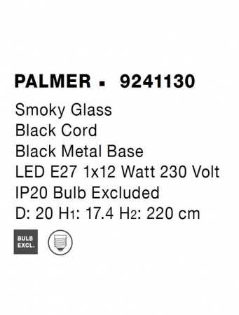 Pendul Nova Luce PALMER E27 1x12W   Smoky Glass & Black Cord & Black Metal Base IP20 [7]