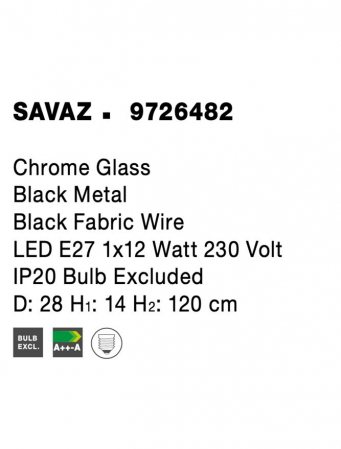 Pendul Nova Luce SAVAZ E27 1x12W   Chrome Glass Black Metal Black Fabric Wire IP20 [6]