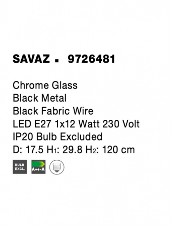 Pendul Nova Luce SAVAZ E27 1x12W   Chrome Glass Black Metal Black Fabric Wire IP20 [5]