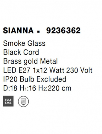 Pendul Nova Luce SIANNA E27 1x12W   Smoke Glass & Black Cord & Brass gold Metal IP20 [6]