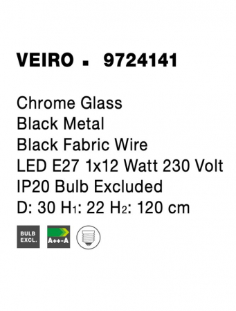 Pendul Nova Luce VEIRO E27 1x12W   Chrome Glass Black Metal Black Fabric Wire IP20 [6]