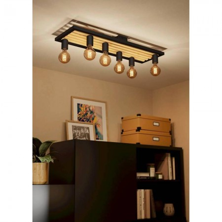 Plafoniera EGLO Consett 43724 E27 6X40W 220-240V,50/60Hz L 780mm x l 250mm x H 115mm otel/lemn negru/maro  IP20 [1]