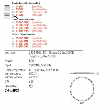 Plafoniera Redo Dama, negru/auriu, LED CCT, 50W, 4932 lumeni, 3000K/4000K/5000K, D.60 cm, 01-3751 [1]