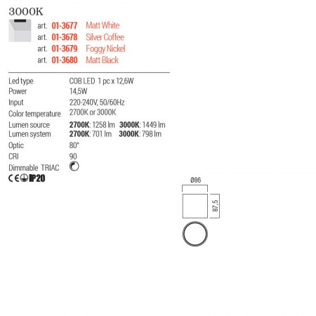 Plafoniera Redo Hera, alb mat, LED, 14.5W, 798 lumeni, alb cald 3000K, D.9 cm, 01-3677 [1]