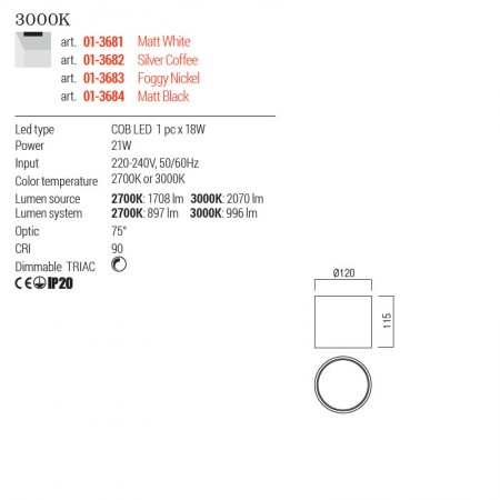 Plafoniera Redo Hera, silver coffee, LED, 21W, 996 lumeni, alb cald 3000K, D.12 cm, 01-3682 [1]