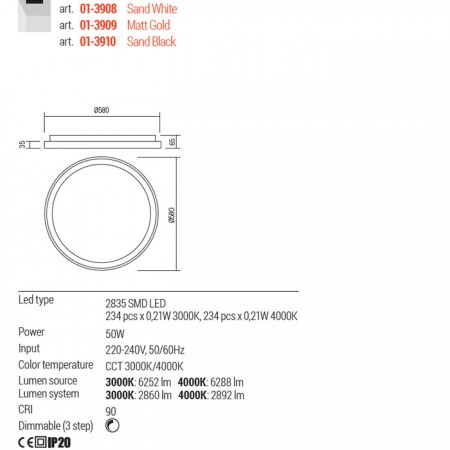Plafoniera Redo Iconic, alb mat, LED CCT, 50W, 2892 lumeni, 3000K/4000K, D.58 cm, 01-3908 [1]