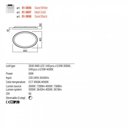 Plafoniera Redo Nobu, negru mat, LED CCT, 60W, 3676 lumeni, 3000K/4000K, L.60 cm, 01-3808 [1]