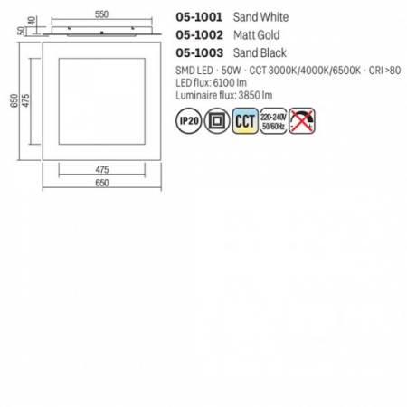 Plafoniera Smarter Tatami, alb mat, LED CCT, 50W, 3850 lumeni, 3000K/4000K/6500K, L.65 cm, 05-1001 [1]