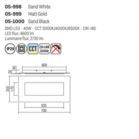 Plafoniera Smarter Tatami, auriu mat, LED CCT, 40W, 2720 lumeni, 3000K/4000K/6500K, L.70 cm, 05-999 [1]