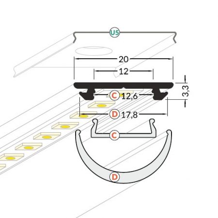 Profil LED aparent ARC 12, aluminiu, lungime 2m, 20mm x 3,3mm + Dispersor Alb Mat click [2]