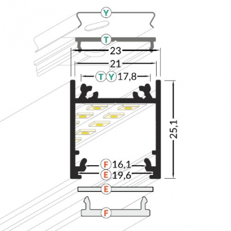 Profil LED aparent LINEA 20, aluminiu neanodizat, lungime 2m, 23mm x 25,1mm + Dispersor alb mat click [2]
