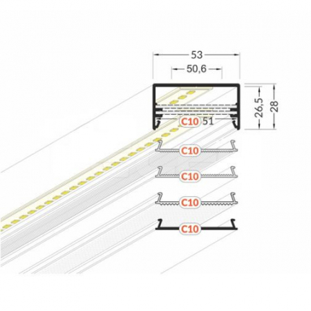 Profil LED aparent LOWI C10, aluminiu neanodizat, lungime 2m, 53mm x 28mm + Dispersor alb mat click [1]